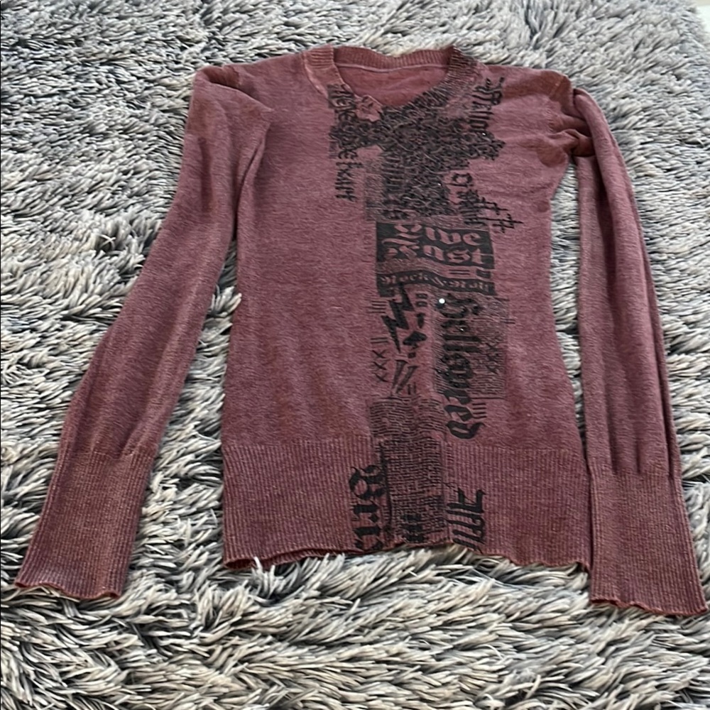 Affliction Pink and Black Fitted Graphic V-Neck Sweater